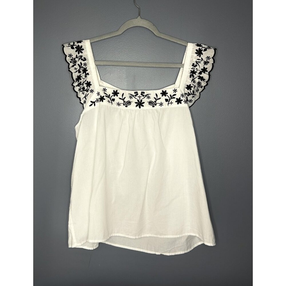 LOFT Shirt Womens 2XL White Black Embroidered Flutter Sleeve Square Neck Boho